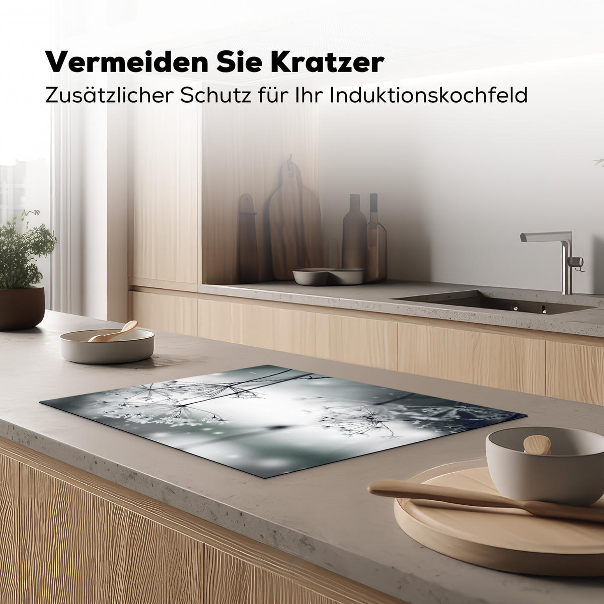 HERDABDECKPLATTE Blumen - Winter - Schnee - Natur Induktionsmatte 71x52 cm - Grau, Kunststoff (71/52/0.2cm) - MuchoWow