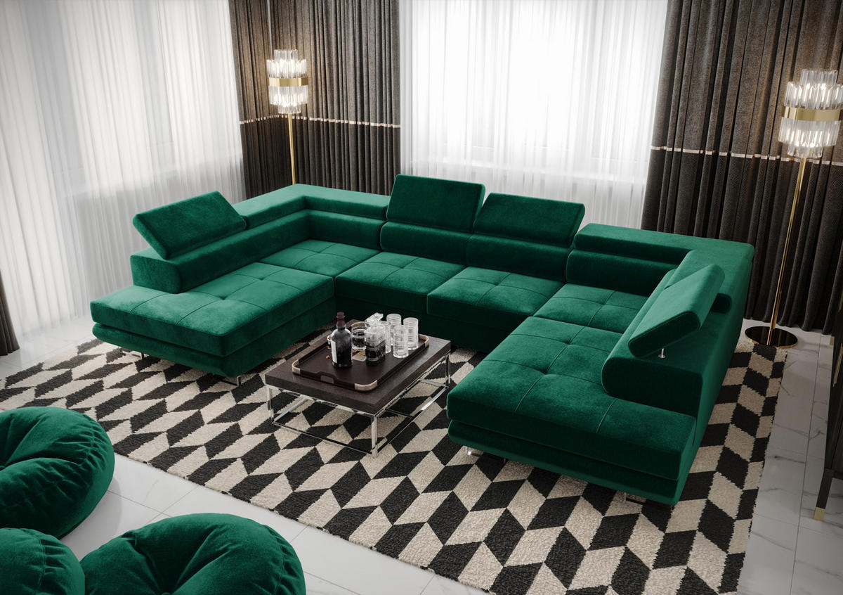 WOHNLANDSCHAFT PRAGA DESIGN U, Eckcouch in U-Form mit Schlaffunktion, Farbe: Grau, Velourstoff, Ottomane Universal - Grau, Textil (342/89/202cm) - O-Sofa