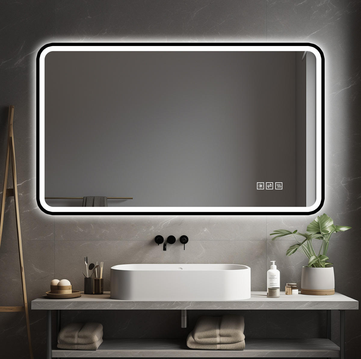 WANDSPIEGEL 100/4/60 cm schwarz aus Aluminium, Glas und Metall mit Anti-Beschlag, dimmbar - Schwarz, Metall (60/4/100cm) - OKWISH