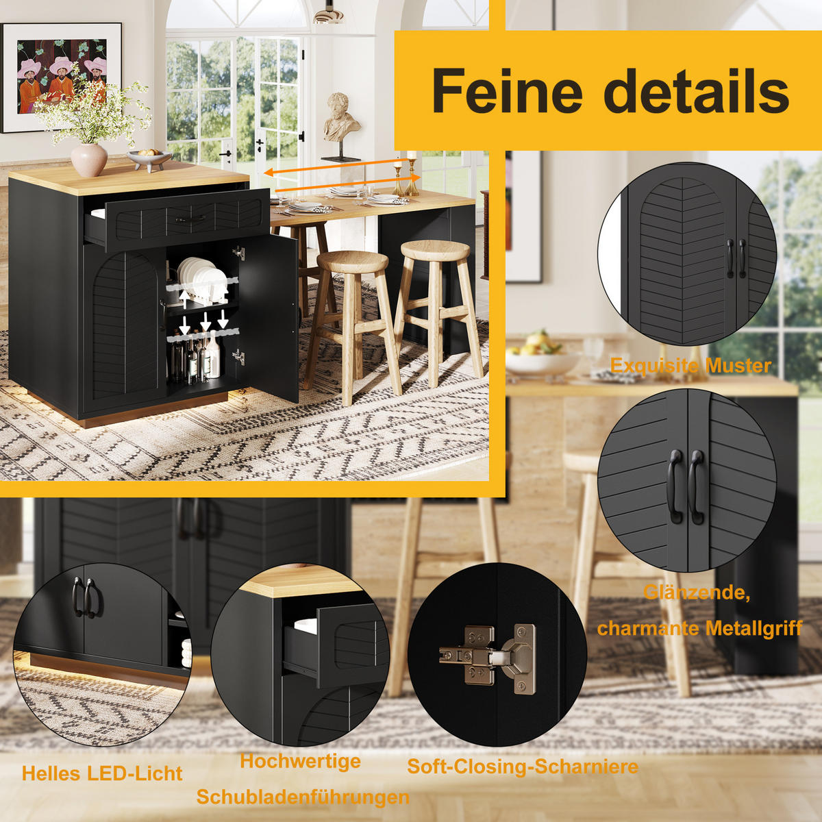KÜCHENINSEL 80/70/95,5 cm schwarz aus MDF mit Ausziehtisch - Schwarz, Holzwerkstoff (80/95.5/70cm) - OKWISH