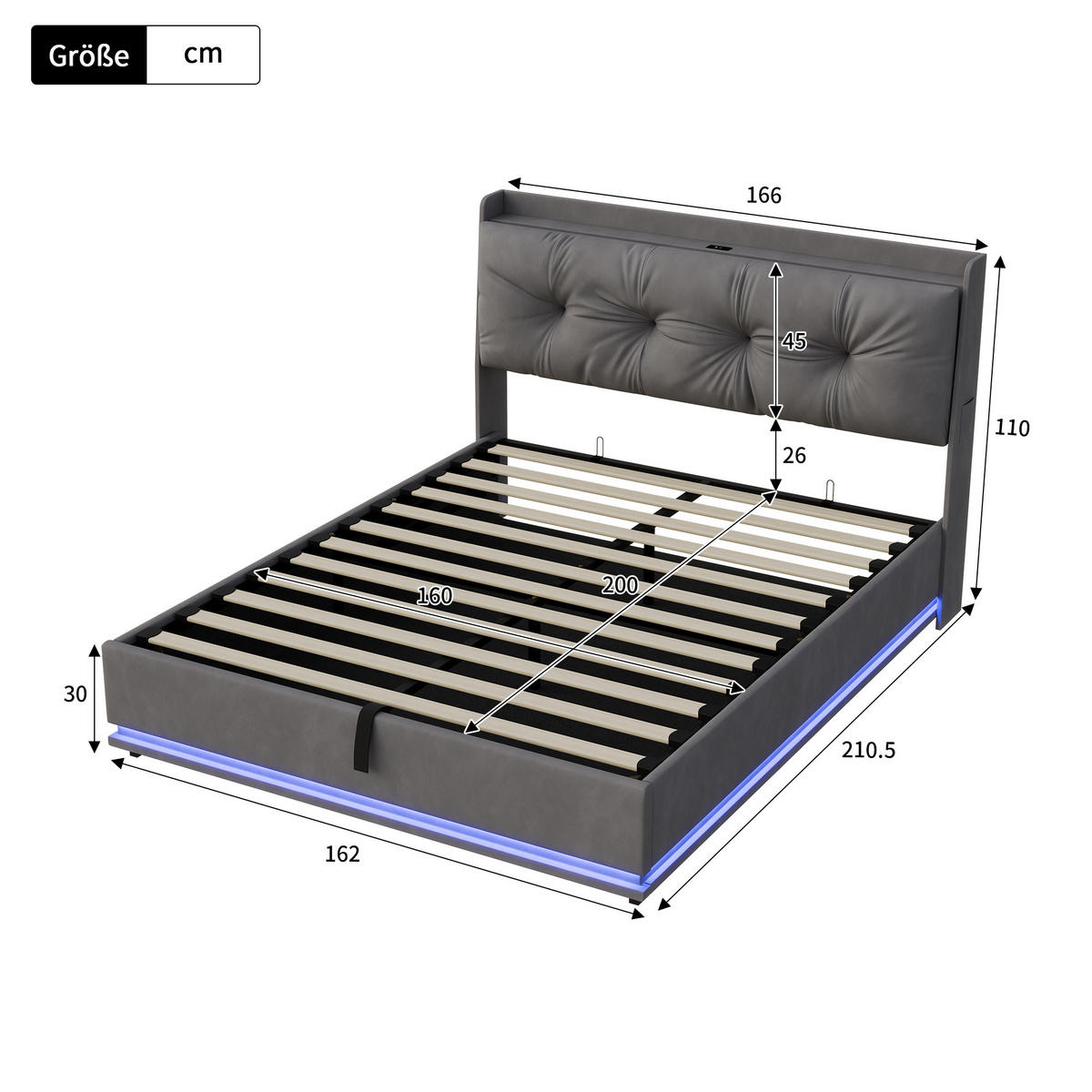 ČALÚNENÁ posteľ 160x200 cm, zamatovosivá, s boxom na posteľ, LED a USB-C - sivá, drevo (160/200cm) - SHOPENTRA
