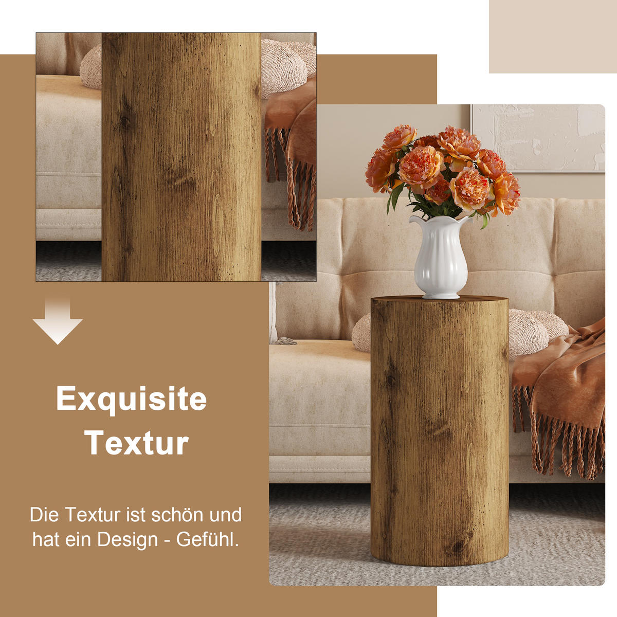 BEISTELLTISCH 30/30/55 cm Holz MDF in Holzoptik rund mit Filzgleitern - Naturfarben, Holzwerkstoff (30/30/55cm) - OKWISH