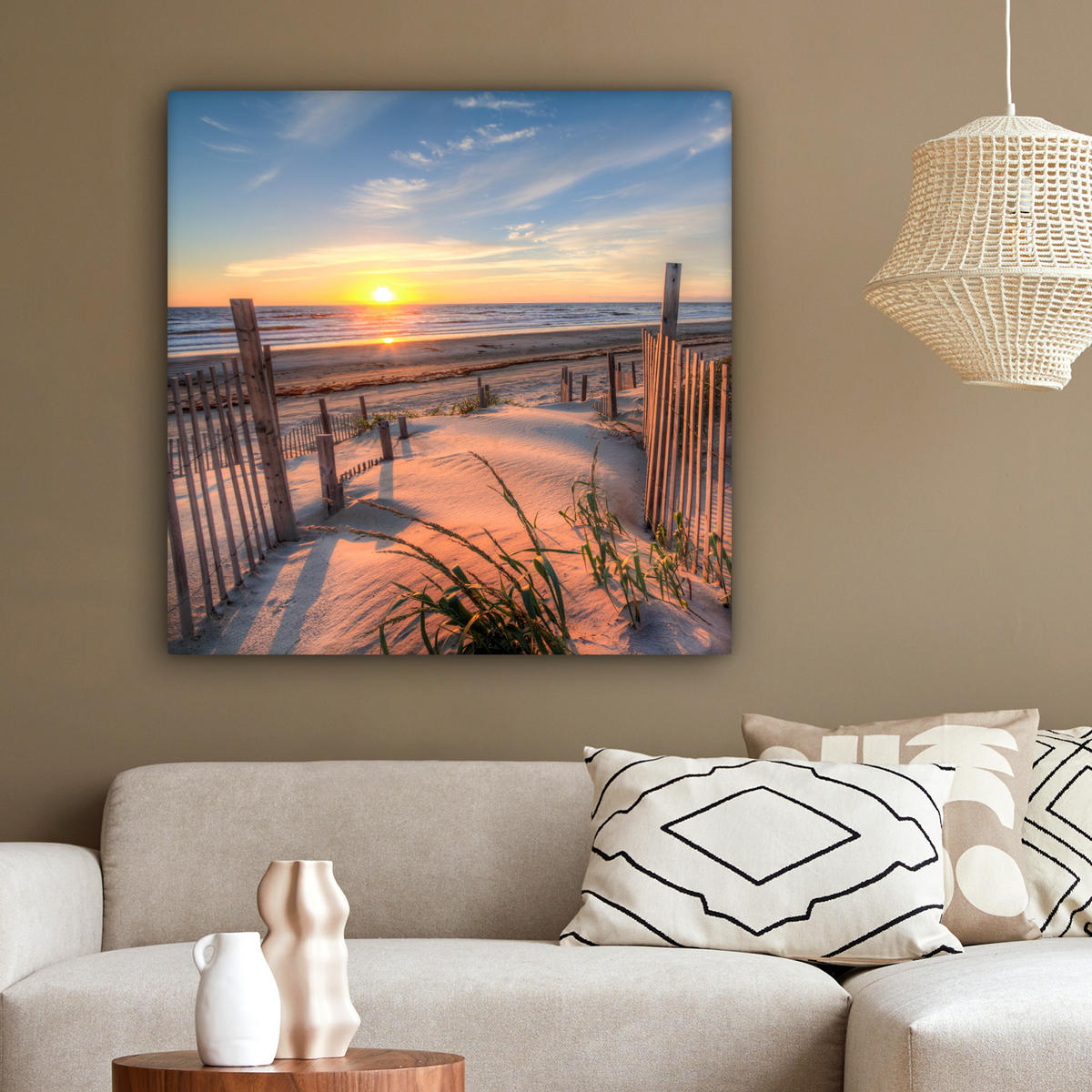 LEINWANDBILD Strand - Meer - Düne - Sonnenuntergang - Landschaft 90x90 cm - Beige, Textil (90/90cm) - MuchoWow