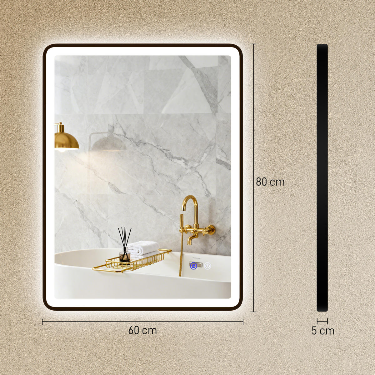 BADEZIMMERSPIEGEL Hartglas Metall Schwarz - Schwarz, Glas (5/60/80cm) - HOMCOM