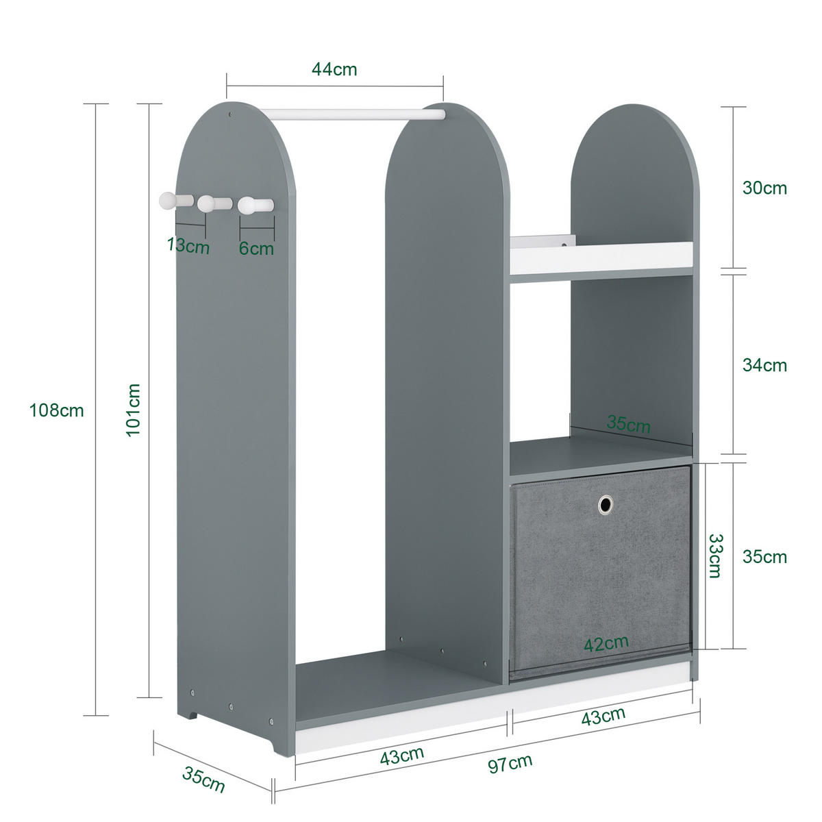KINDERGARDEROBE Grau - Grau, Holzwerkstoff (97/108/35cm) - SoBuy