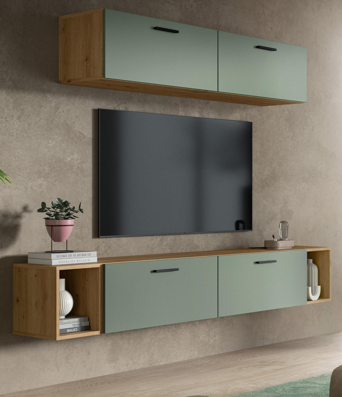WOHNWAND grün, Eiche Artisan 202 cm, Schrankwand mit Soft-Close - Schwarz/Eiche Artisan, Holzwerkstoff/Kunststoff (202/184/34cm) - Inn.Furn