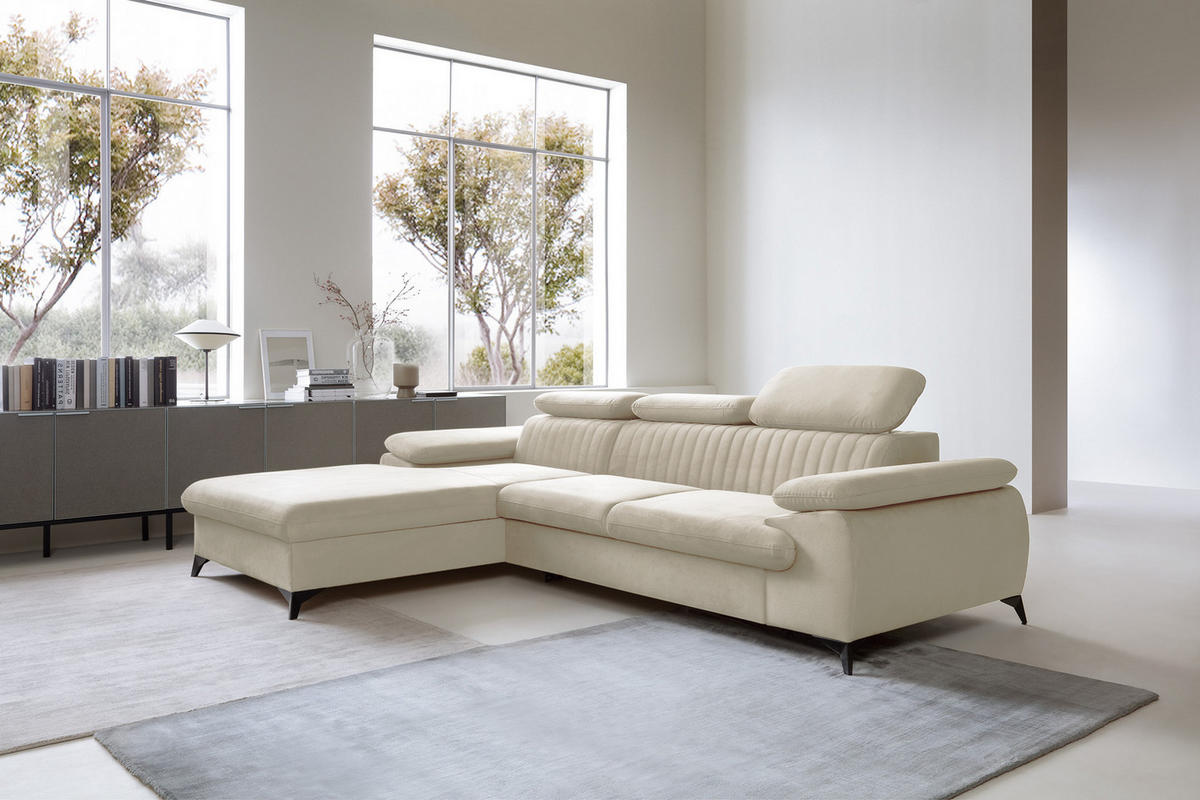 ECKSOFA 280 cm Xanto M, Schlaffunktion, verstellbaren Kopfstützen, Links, Creme - Creme, Holz (280/193cm) - Emporius