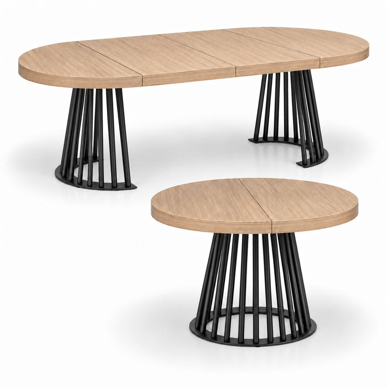 ESSTISCH rund ausziehbar 110/210/76 cm, Hellbraun Eiche Hikora Egger Natur, 54 cm Tischplatte + Lamellen-Metallgestell Schwarz - Hellbraun/Eichefarben, Holzwerkstoff/Metall (110/210/76cm) - Damale Möbel