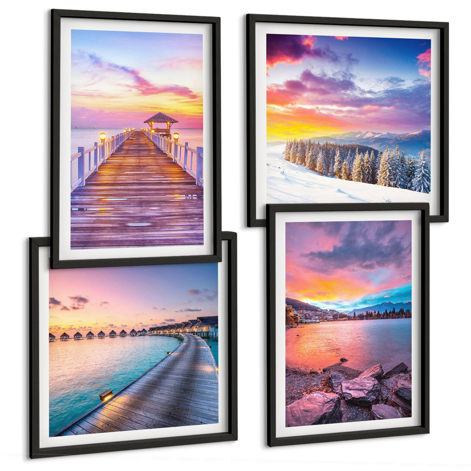 BILDER SET 4er Set - 50x50 cm & 40x60 cm Schwarzer Rahmen - Winterlandschaft des Pierbergs - Schwarz, Kunststoff (50/50cm) - TULUP