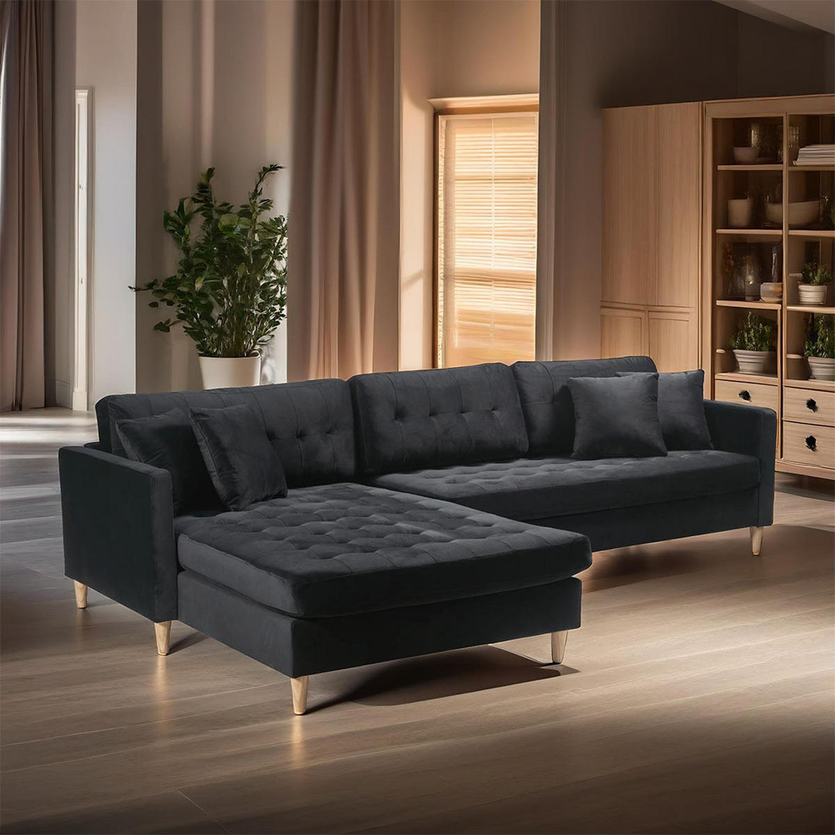 ECKSOFA Velours schwarz - Schwarz, Textil (290/177cm) - ebuy24