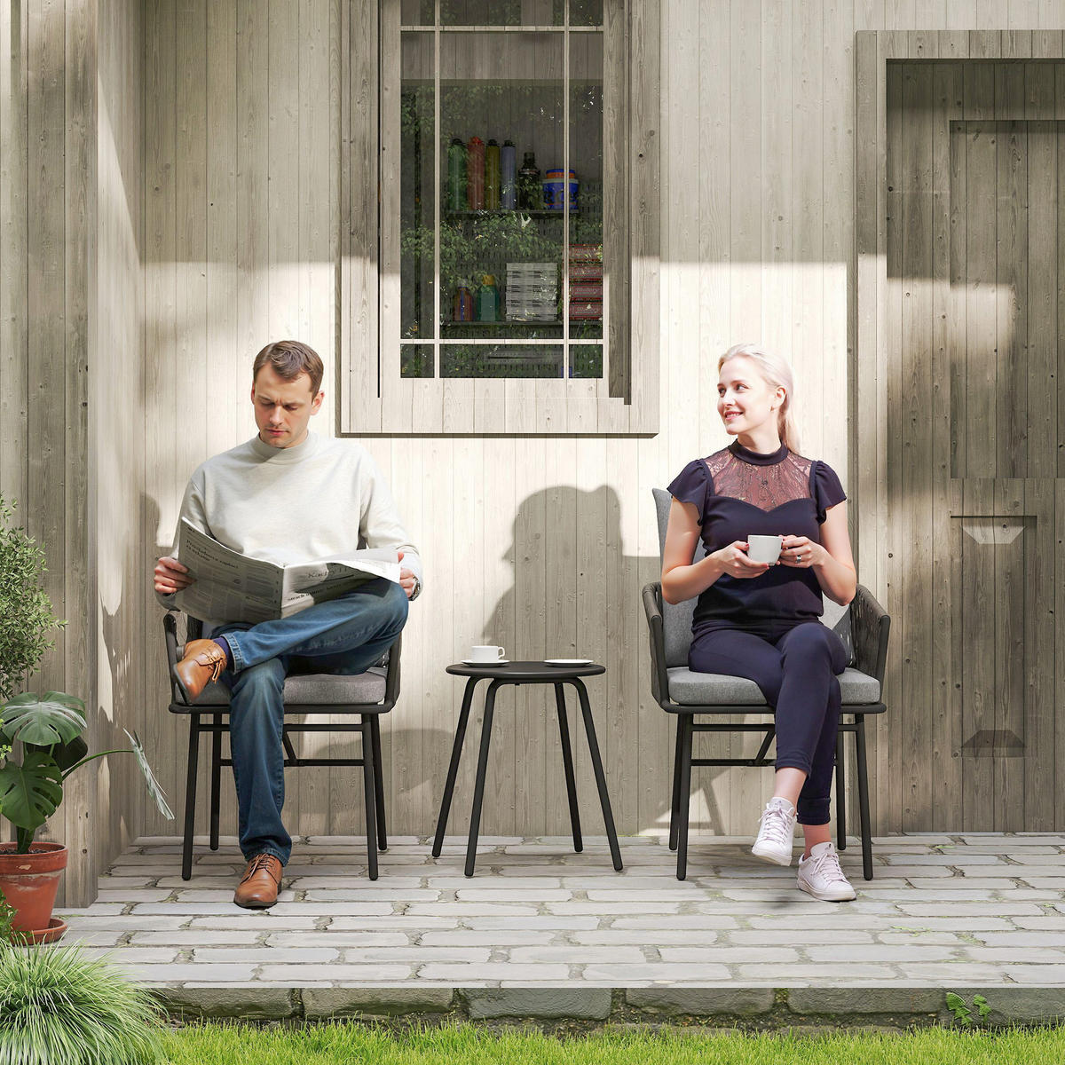 3-TLG. Rattan Bistroset, Sitzgruppe, mit 2 Gartensesseln, Couchtisch, Kissen - Grau, Textil/Metall - Outsunny