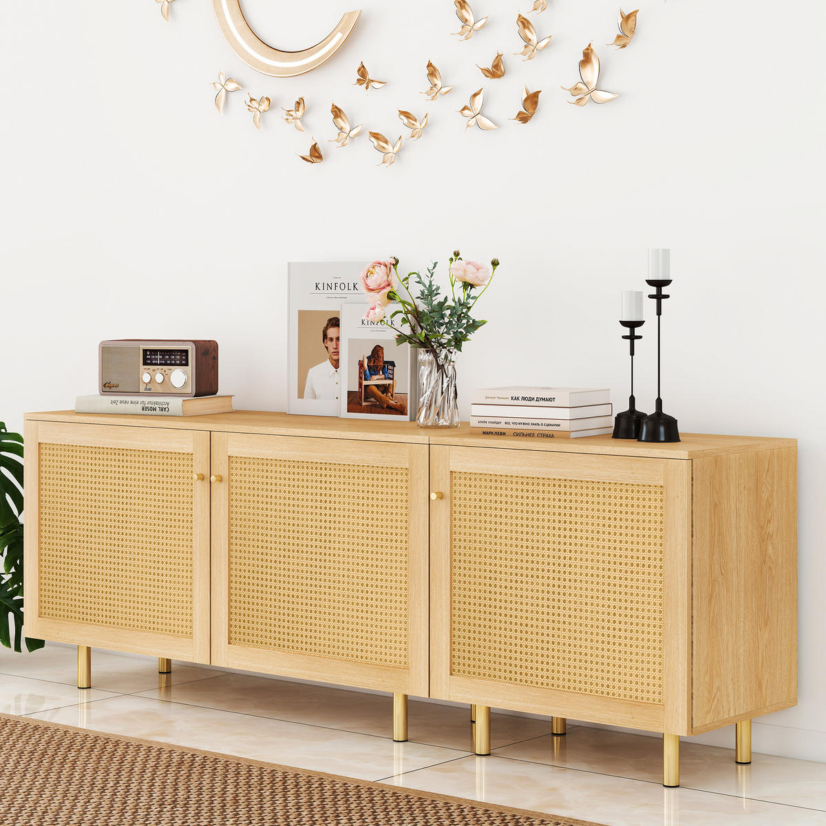 SIDEBOARD in Naturfarben Aufbewahrungsschrank aus Korbgeflecht für Wohnzimmer, B180/T40/H63cm - Goldfarben/Naturfarben, Holzwerkstoff/Metall (180/63/40cm) - STILVORA
