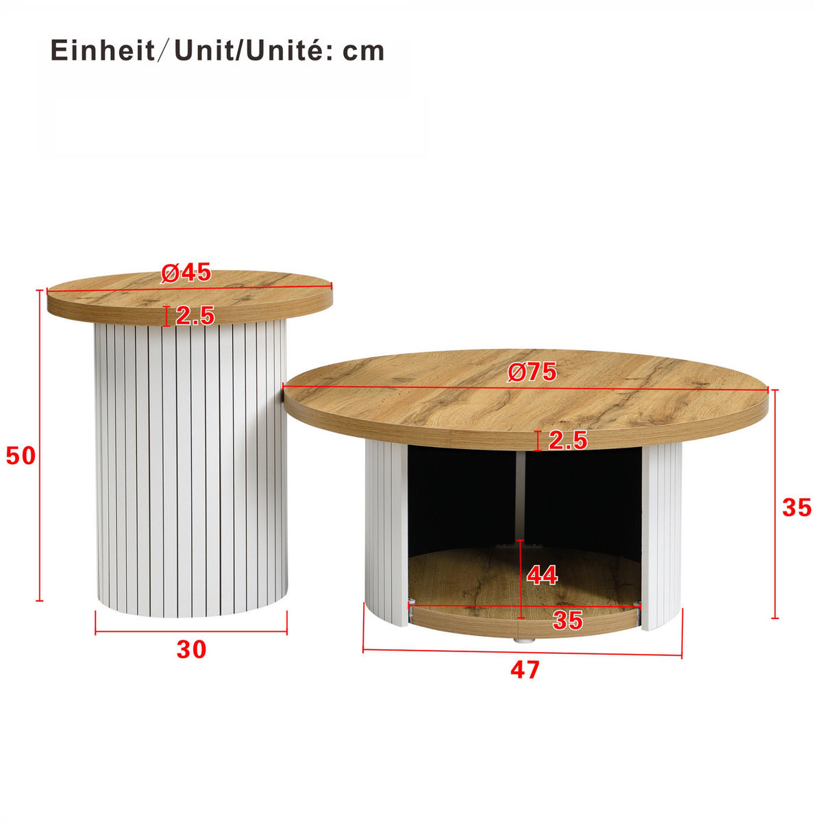 COUCHTISCH-SET 75/75/50 und 45/45/35 cm mit Stauraum und flexiblem Beistelltisch im skandinavischen Stil, Natur - Naturfarben, Holzwerkstoff (75/75/35cm) - Redom