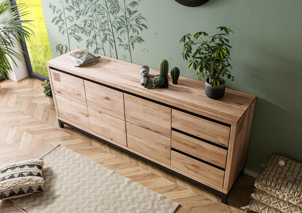 SIDEBOARD Wildeiche 210x45x85 bianco geölt VILLANDERS #252 - Beige, Holz (210/85/45cm) - Massivmoebel24