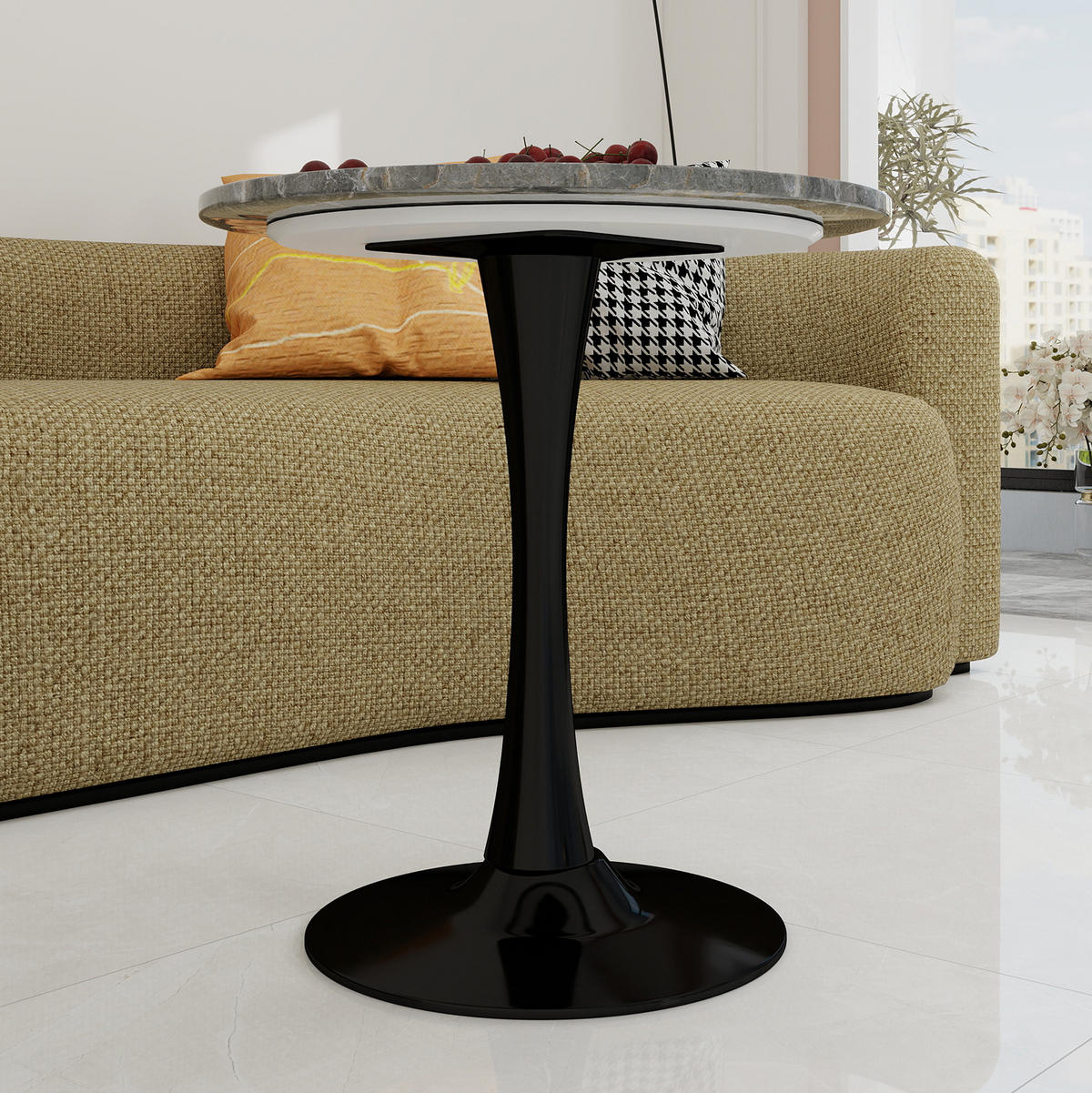 COUCHTISCH 70,1 cm in Schwarz/Grau mit runder Tischplatte in Marmoroptik - Grau, Stein (70/70/72cm) - BEAOK
