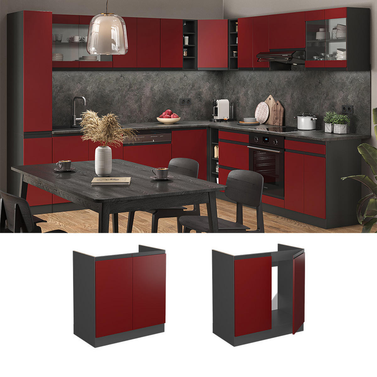 SPÜLENUNTERSCHRANK R-Line Rot 80 cm AP Marmor - Anthrazit/Rot, Holzwerkstoff (80/81.6/60cm) - Vicco