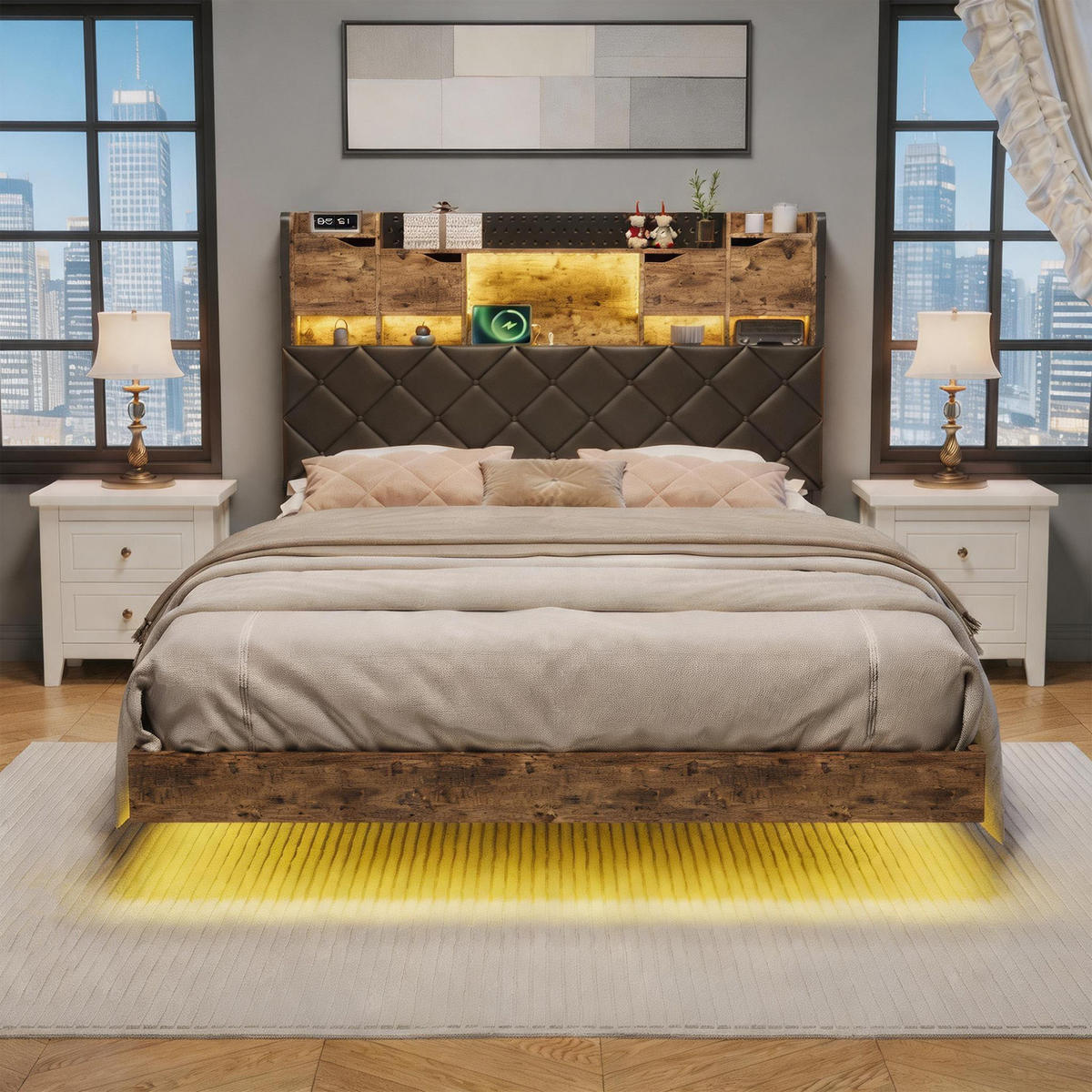 POLSTERBETT 160x200 cm mit LED und USB, Doppelbett mit Lattenrost und Kopfteil, PU, Braun und Schwarz - Schwarz/Braun, Leder/Holzwerkstoff (160/200cm) - GENKI LIVING