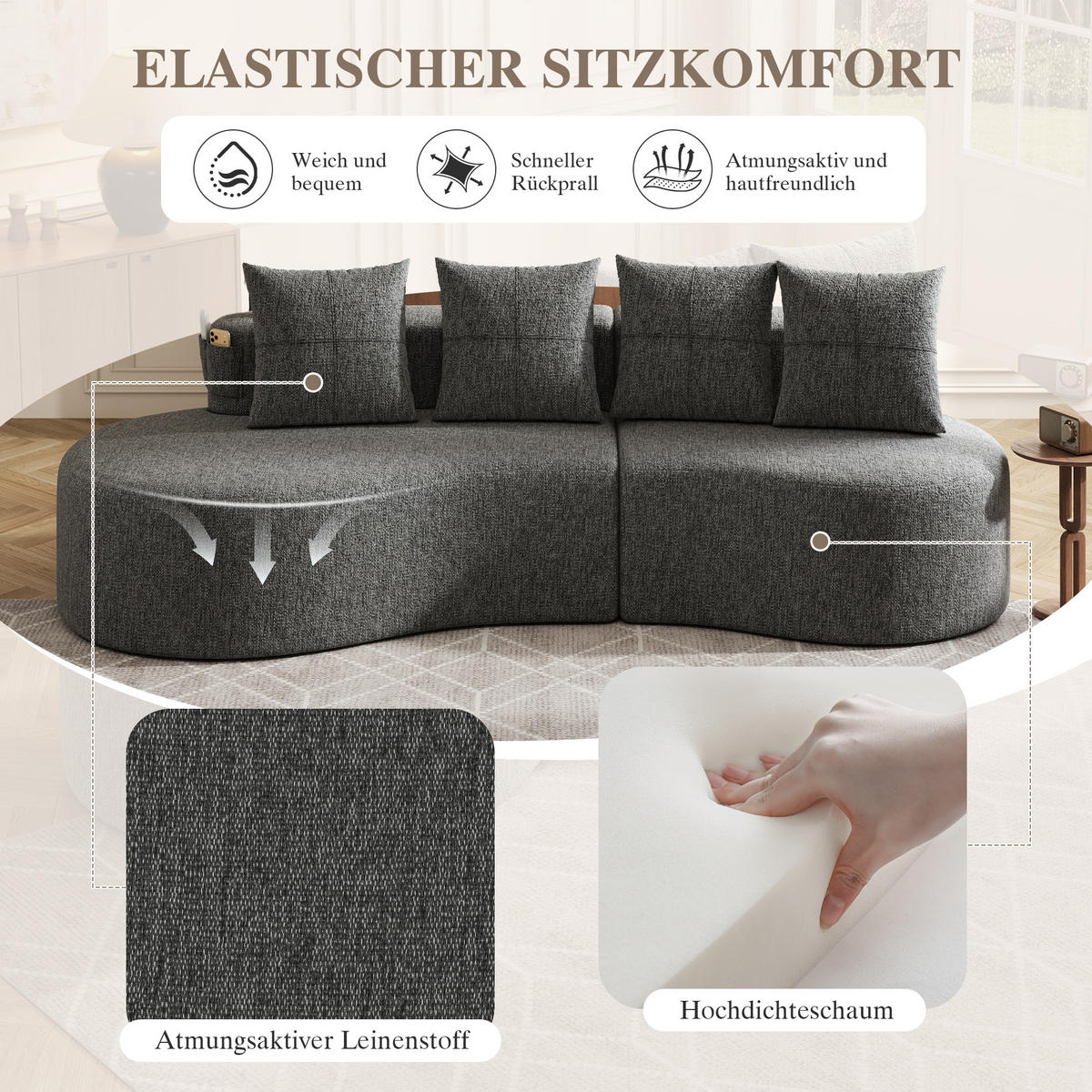 3-SITZER SOFA leinenstoff farbwahl mit getränkehalter & seitentaschen - Dunkelgrau, Textil (240/63/109cm) - Urban Meuble