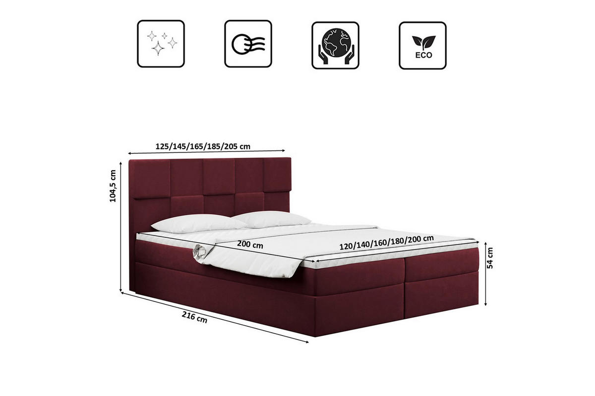 BOXBETT mit Bettkasten und Matratze CLARA Stoff Velvet Rotwein 180x200 cm H2-Pocket - Rot, Holz (180/200cm) - Kaiser Möbel