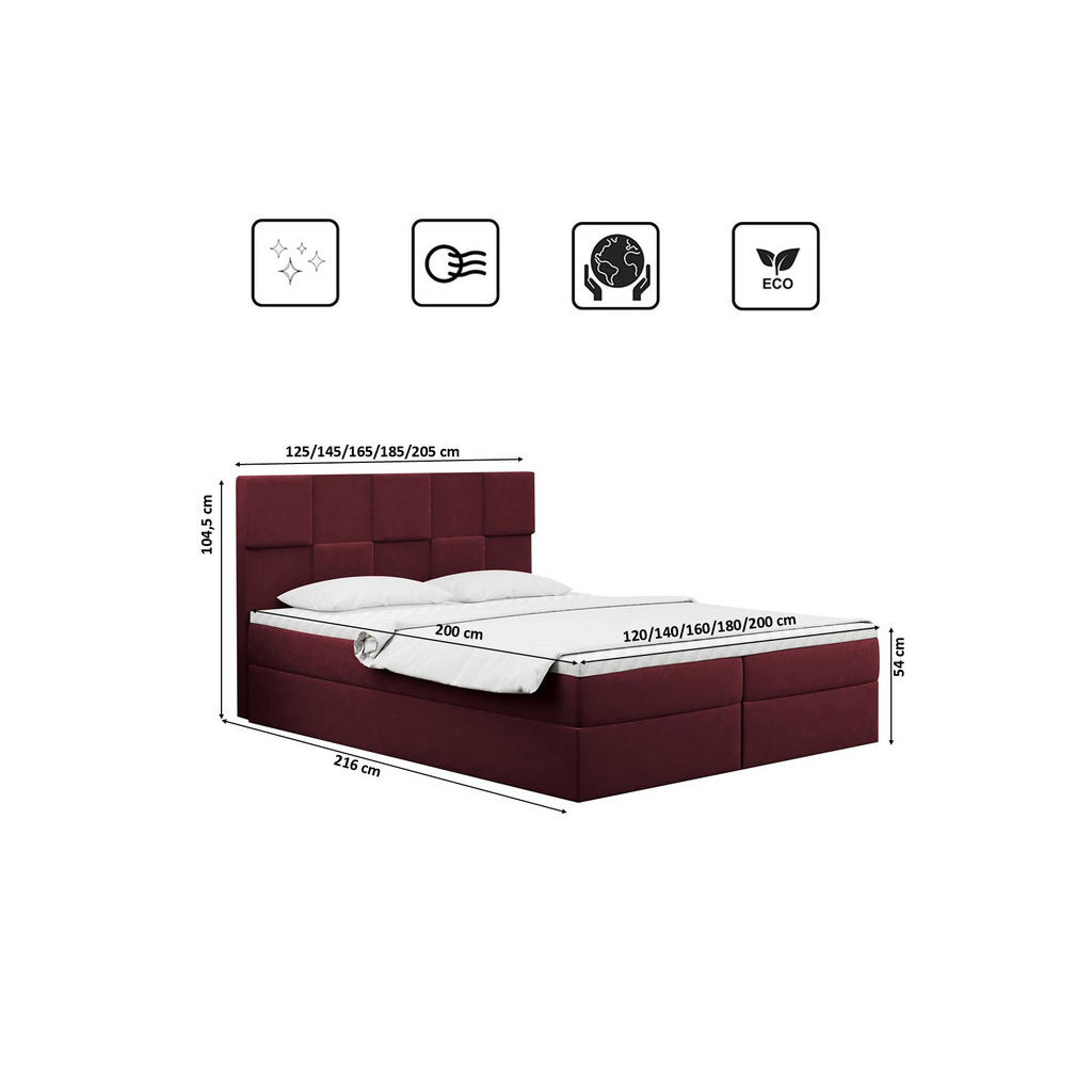 Thumbnail - Kaiser Möbel Boxbett, Rot, Holz, H2, Höhe ca. 20 cm, einzeln stellbar, 200x200 cm, Reach, Schlafzimmer, Betten, Boxsprin...