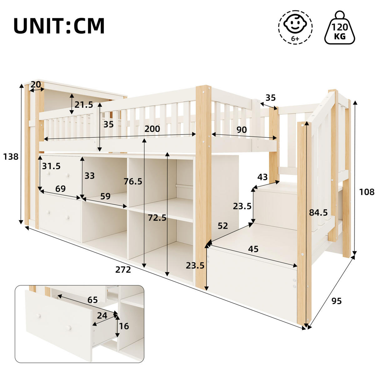 HALBHOHES Bett aus Kiefernholz und MDF 90x200 cm Natur mit Stauraum, LED-Beleuchtung und USB-Anschlüssen - Naturfarben, Holzwerkstoff (90/200cm) - IVMEU