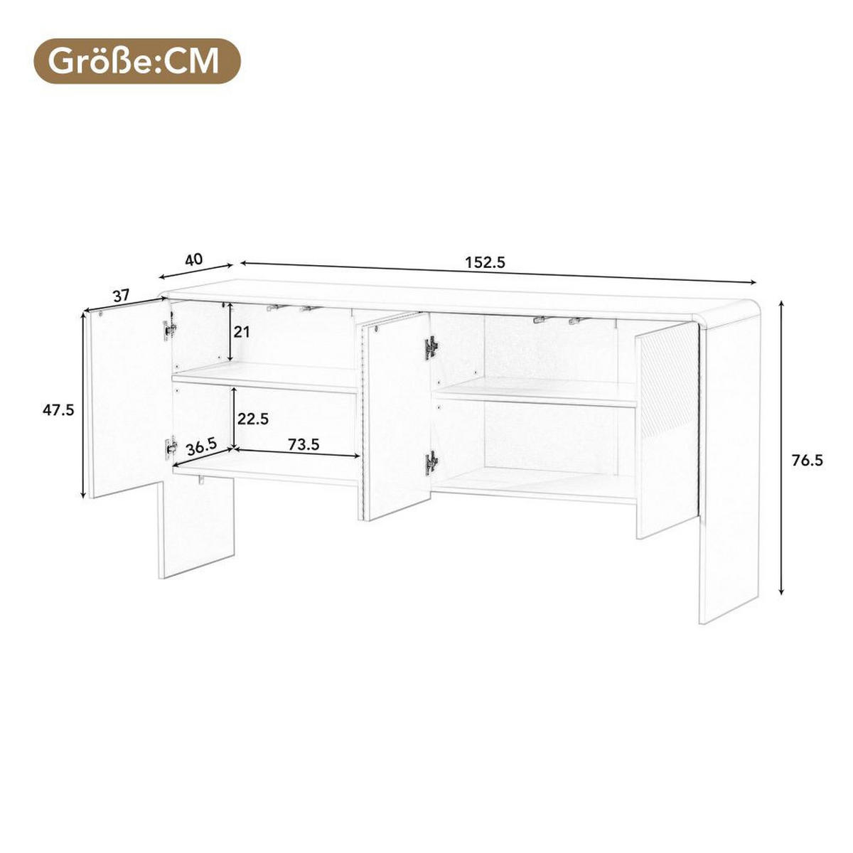SIDEBOARD mit 4 Türen und Rückstoßvorrichtung, Aprikosencreme - Creme, Holz (152.5/76.5/40cm) - KOMHTOM