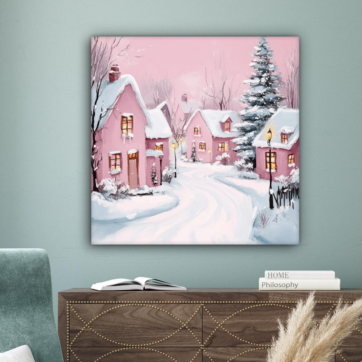 LEINWANDBILD Weihnachtsdorf - Rosa - Winter - Schnee - Häuser 90x90 cm - Altrosa, Textil (90/90cm) - MuchoWow