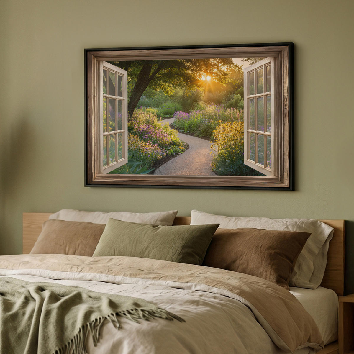 LEINWAND Bilder mit Rahmen - Aussicht - Blumen - Natur - Sonne - Weg - 90x60 - Hellgelb, Textil (90/60cm) - MuchoWow