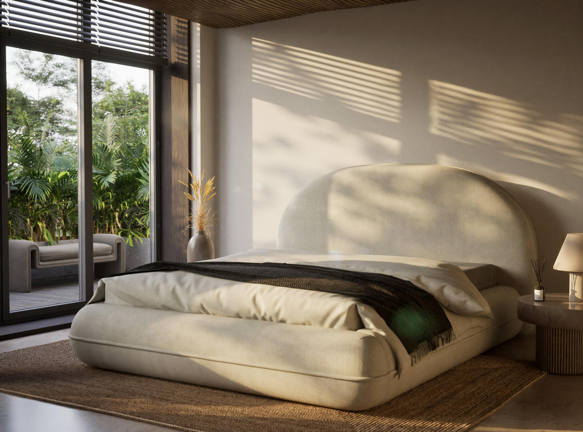 POLSTERBETT Koji Creme 160/200 cm im Chenille-Stoff - Creme/Schwarz, Holz/Holzwerkstoff (160/200cm) - Maison de Reve