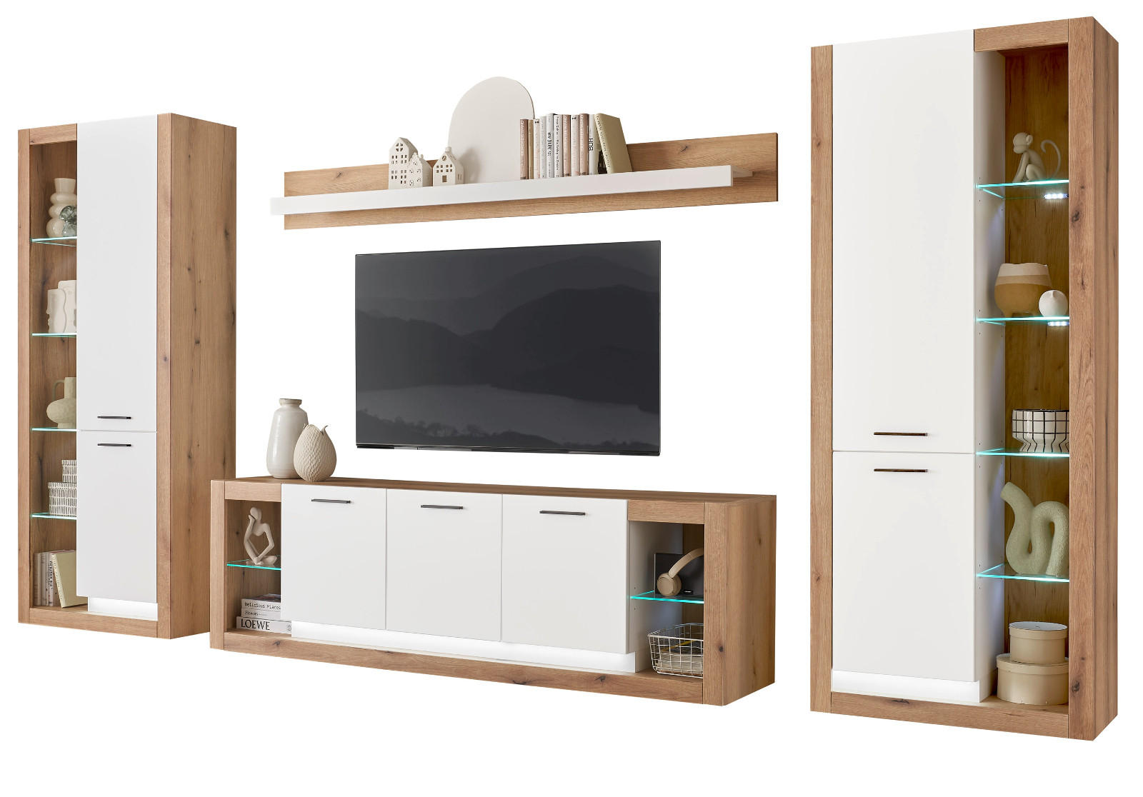 WOHNWAND weiß matt, Evoke Eiche, Wohnkombination Set 4-teilig 398 cm - Eichefarben/Silberfarben, Glas/Holzwerkstoff (398/195/43cm) - Furn.Design