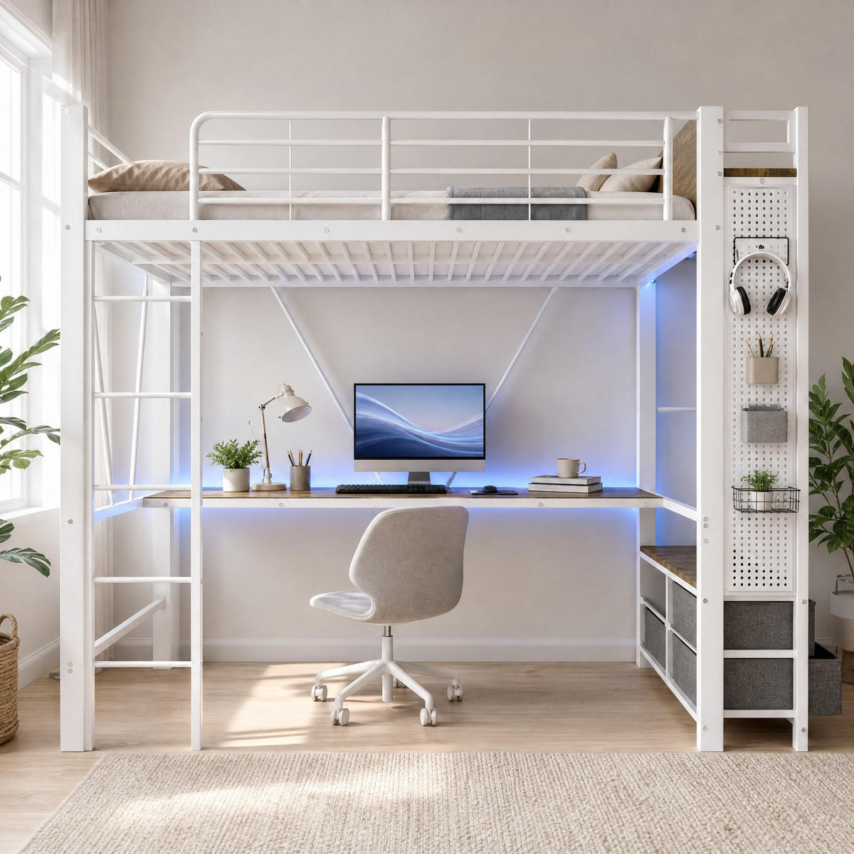 HOCHBETT 90/200 mit Schreibtisch, LED und USB/Type-C-Steckdose in Weiß - Weiß, Holz/Metall (90/200cm) - EVRYAE