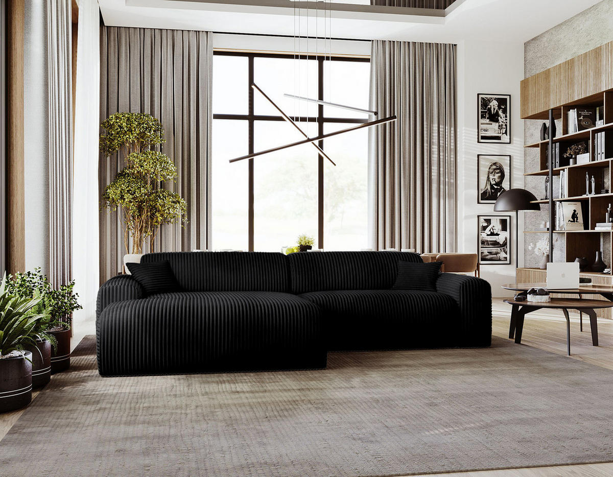 ECKSOFA mit Longchair - Cord - Schwarz, Kunststoff/Textil (284/178cm) - home24
