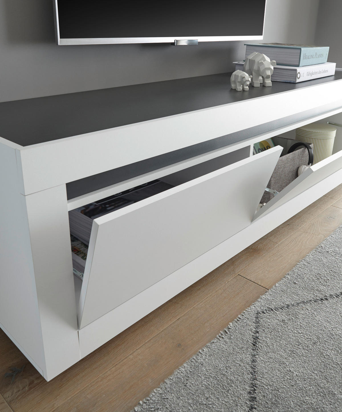 TV-LOWBOARD weiß, anthrazit, TV Unterteil 180 x 56 cm - Weiß Hochglanz/Anthrazit, Holz/Holzwerkstoff (180/56/50cm) - Furn.Design