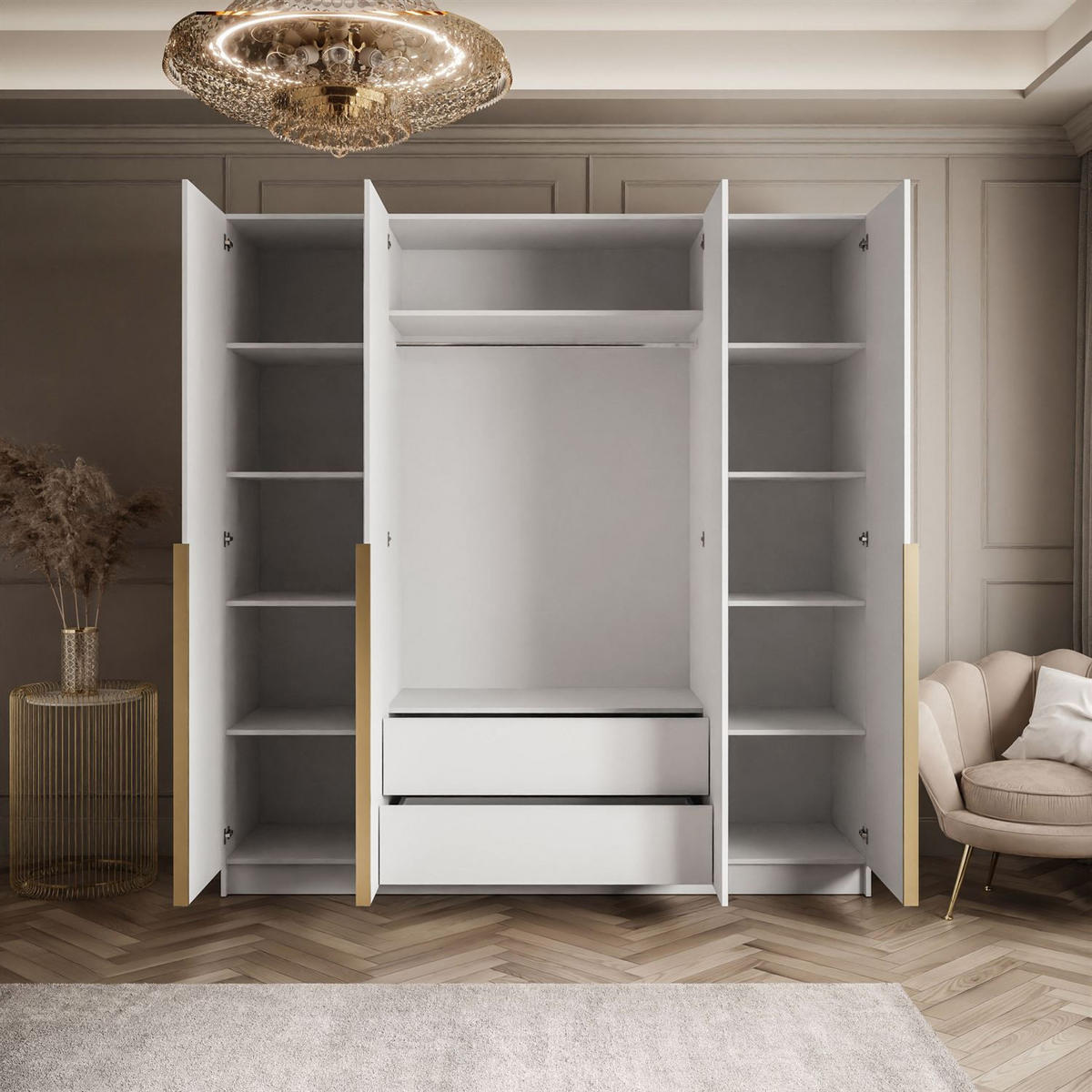 KLEIDERSCHRANK AUREL 4D in Weiß hochglanz mit Spiegel mit goldenen Griffen - Weiß Hochglanz/Goldfarben, Holzwerkstoff (200/200/57cm) - Lookway