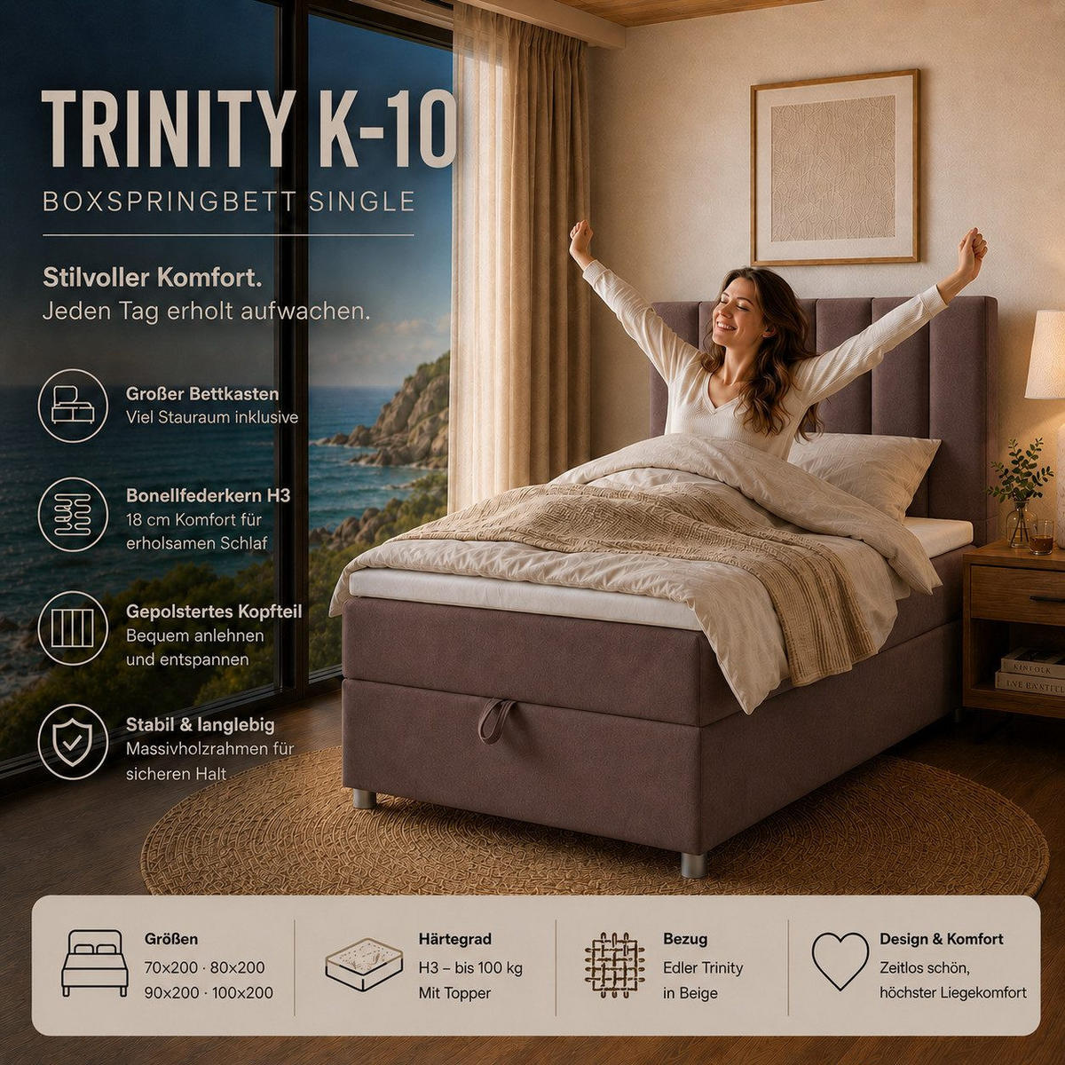 BOXBETT mit Bettkasten Trinity K-10 SINGLE Bonellfederkern inkl. Topper - Braun, Holz/Holzwerkstoff (80/200cm) - Best For Home