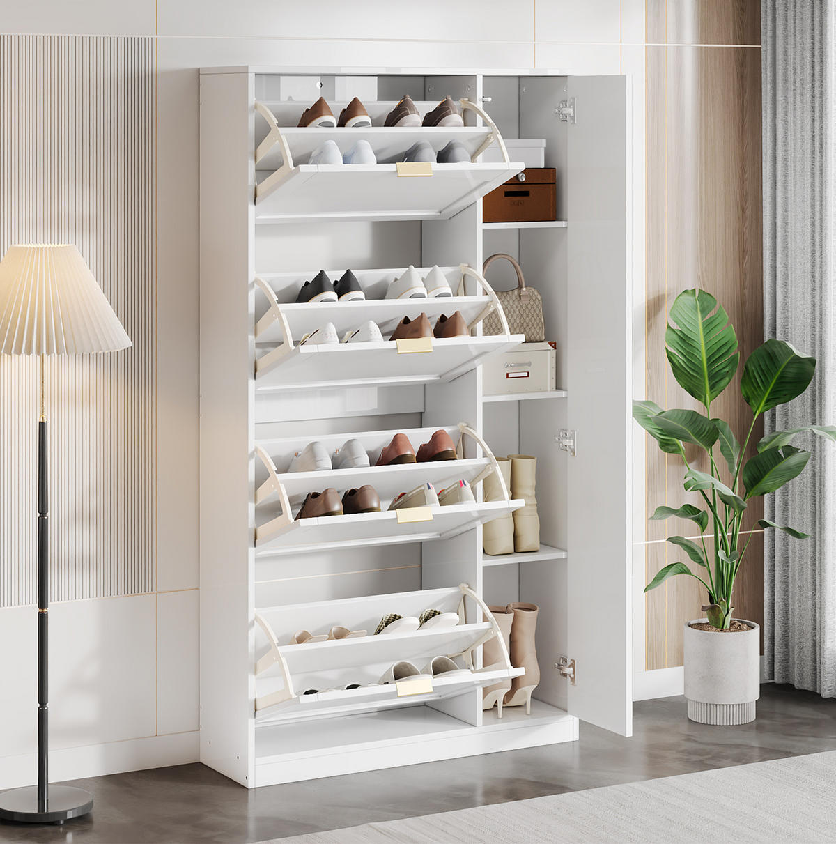 SCHUHSCHRANK 80/24/147 cm in Weiß mit Spiegel und 4 Klappen - Weiß, Holzwerkstoff (80/147/24cm) - Flora Grace