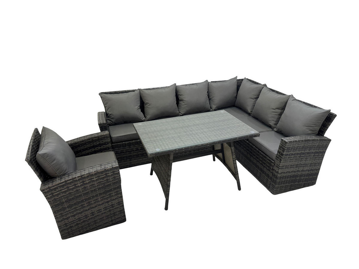 GARTEN-ECKSOFAGARNITUR Polyrattan Dunkelgrau 7-Sitzer - Dunkelgrau/Grau, Glas/Kunststoff - Fimous