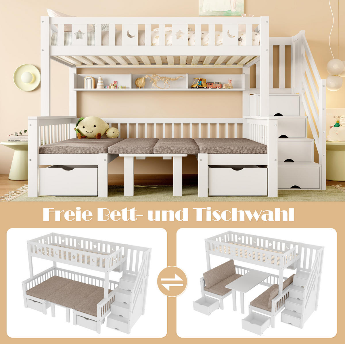 HOCHBETT 90/200 cm Weiß mit Schreibtisch, Stauraumleiter und Massivholz - Weiß, Holz (90/200cm) - Flora Grace
