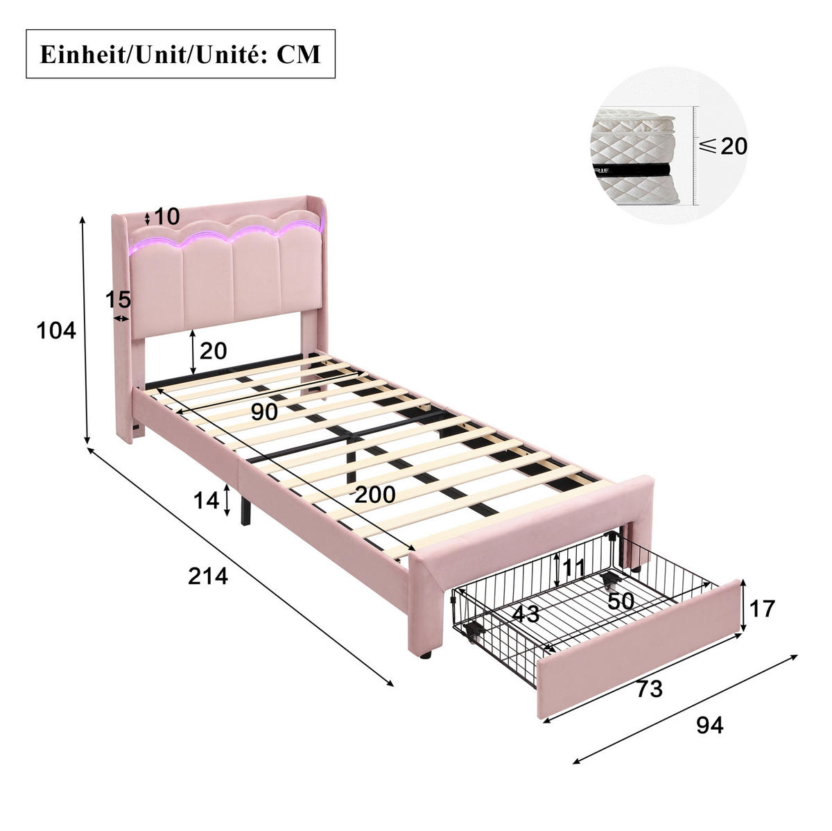 KINDER-POLSTERBETT aus Samt 90x200 cm Rosa mit Stauraumschublade und App-gesteuerter LED-Beleuchtung - Pink, Textil (90/200cm) - Modfu