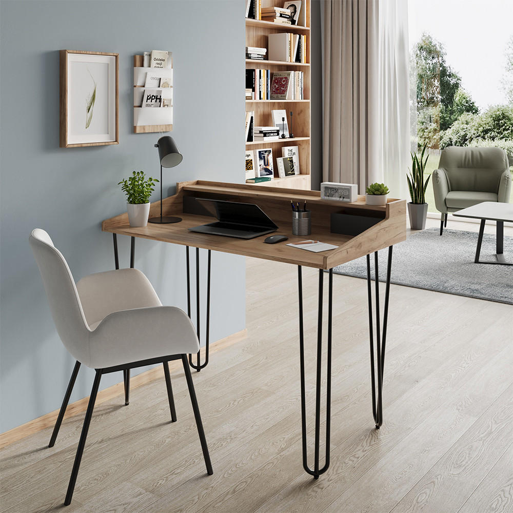 SCHREIBTISCH Sannar Eiche 110 x 60 cm mit Schubladen - Eichefarben/Schwarz, Holzwerkstoff (60/110/89.5cm) - Vicco