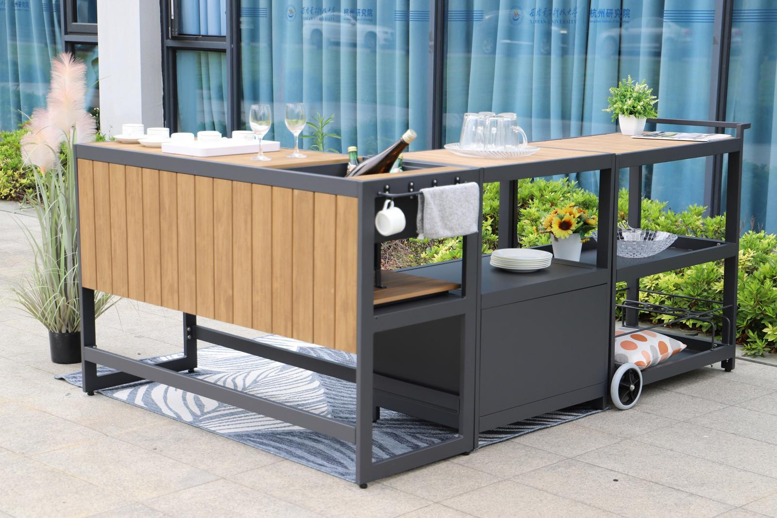 BARTISCH aus Aluminium, inkl. Servierwagen Eiskübel und Schrank - Dunkelgrau, Metall (296/50/91cm) - Goriller