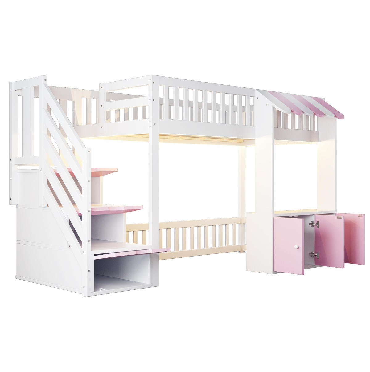 HOCHBETT mit Stauraum und Lichtleiste 90x200 cm Kiefernholz Rosa/Weiß - Pink, Holzwerkstoff (90/200cm) - Beauniv