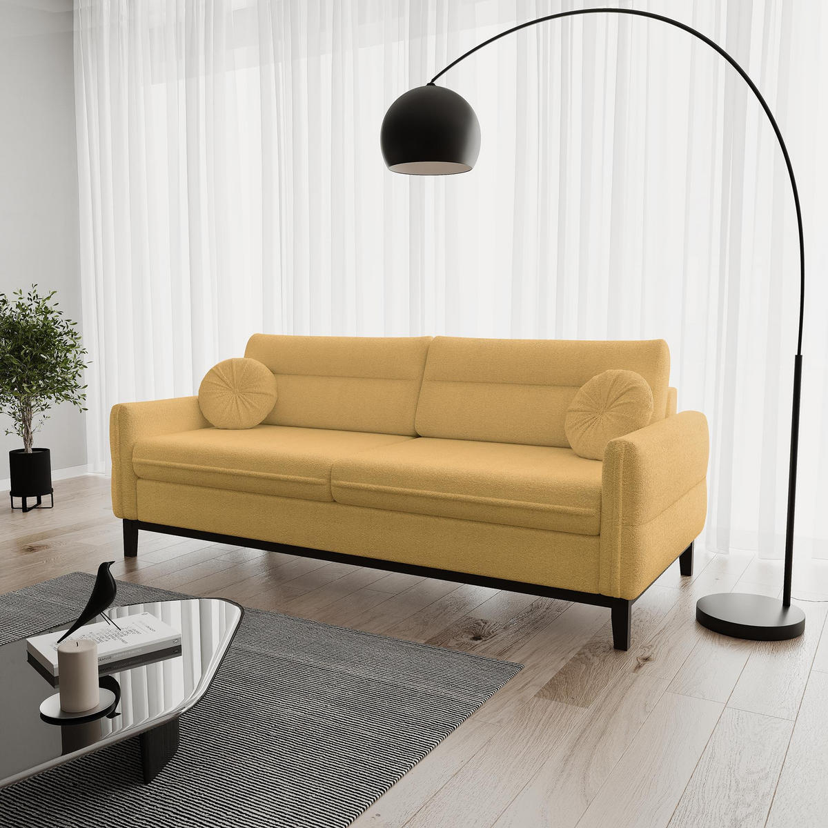 SITZGARNITUR Belweder, zwei Sofas+Sessel, Gelb, Bouclé - Wengefarben/Gelb, Holz/Textil (268/95/94cm) - Beautysofa