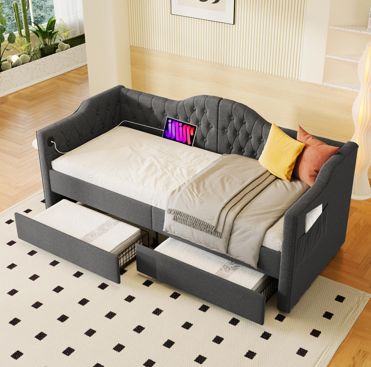 POLSTERBETT 90/200 cm mit 2 Schubladen, USB/Type-C & getufteter Lehne, Grau - Grau, Textil (90/200cm) - Redom