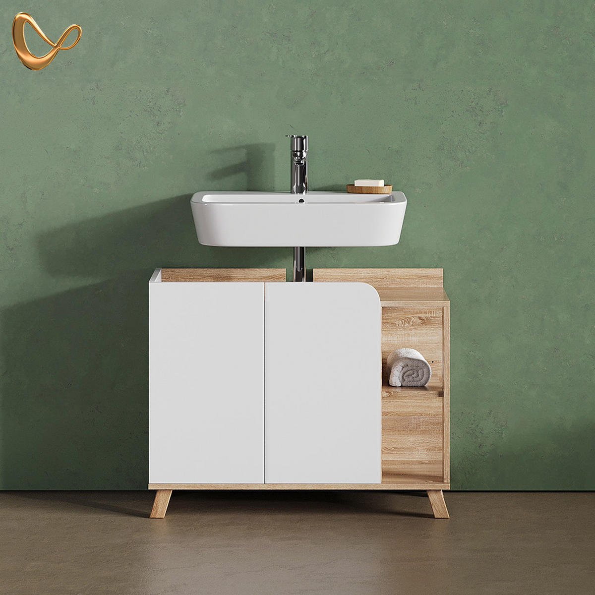 VANITY ENOTA ZA UMIVALNIK Marano, Sonoma/Bela, 80 x 65 cm z 2 vrati - bela/hrast sonoma, leseni material (80/65/35cm) - Livinity®