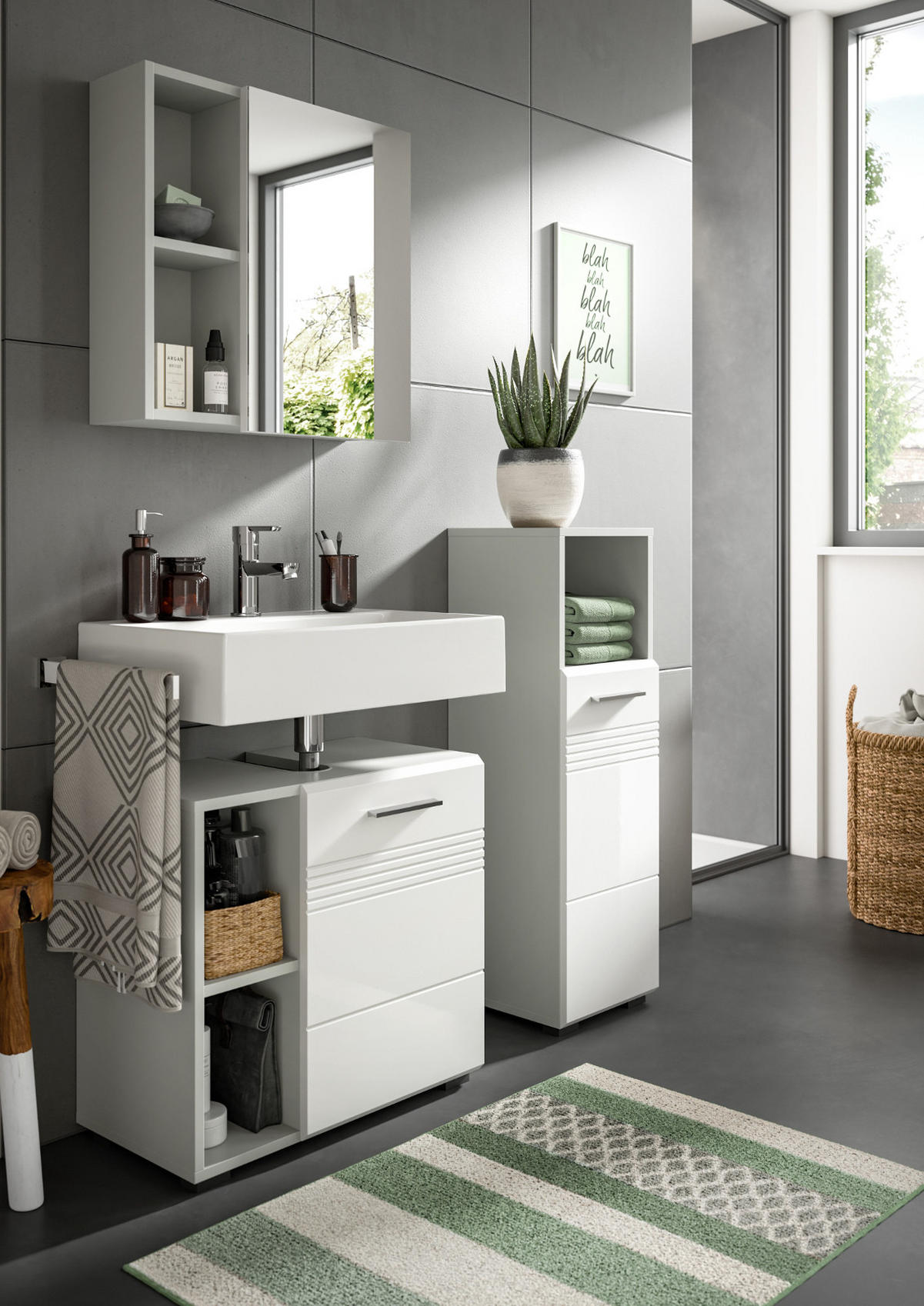 BADMÖBEL-SET 3-teilig weiß Hochglanz, grau 105 cm, Komplettset mit Soft-Close - Weiß Hochglanz/Grau, Glas/Holzwerkstoff (105/190/32cm) - Inn.Furn