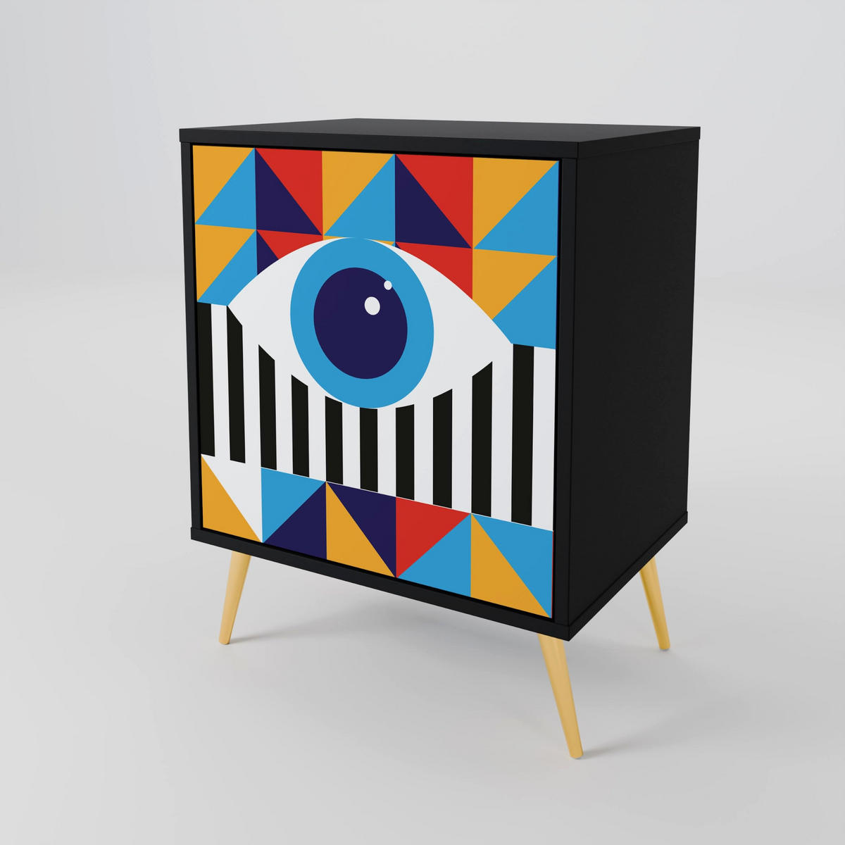 SIDEBOARD ABSTRACTION AND GEOMETRY, Schwarz, 57,5x42x70,5 cm, Schwarze Metall-Sternfüße - Multicolor/Schwarz, Holzwerkstoff/Metall (57.5/70.5/42cm) - SpaceRebels