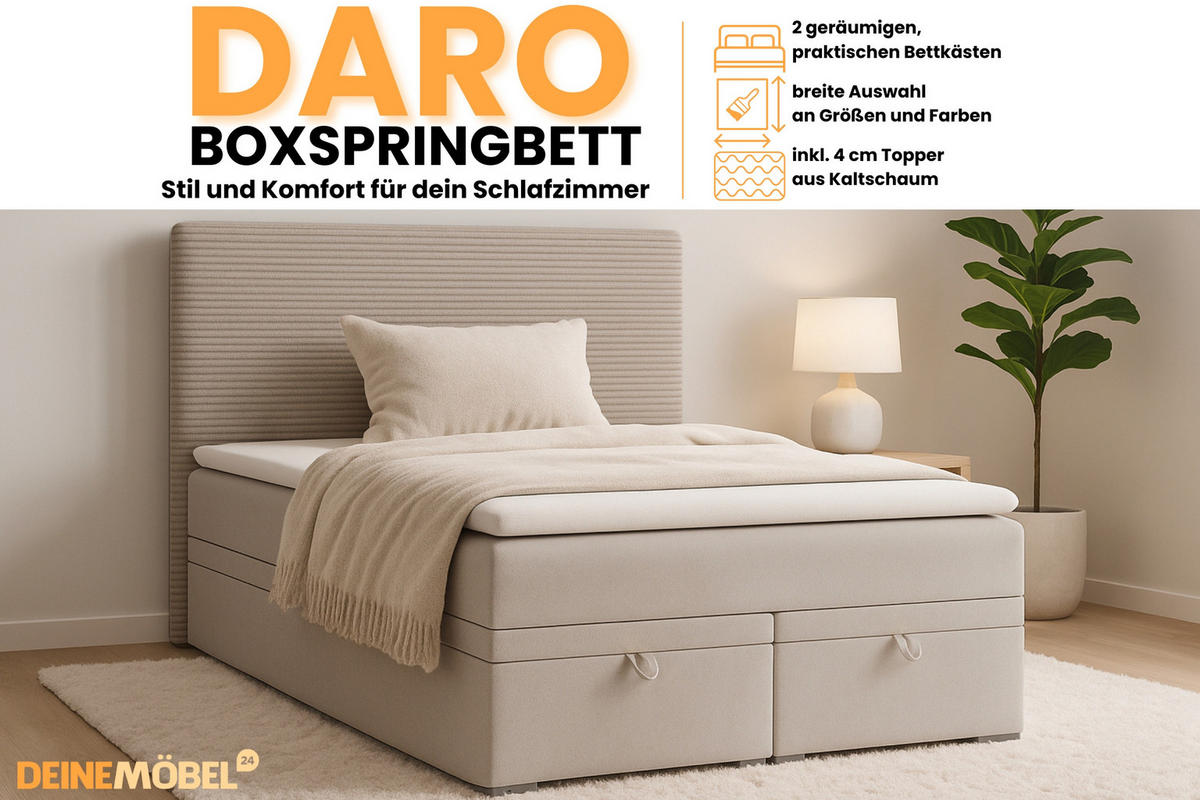 BOXBETT DARO 200/200 in Velour/Cord Beige - Beige, Holz/Holzwerkstoff (200/200cm) - Deine Möbel 24