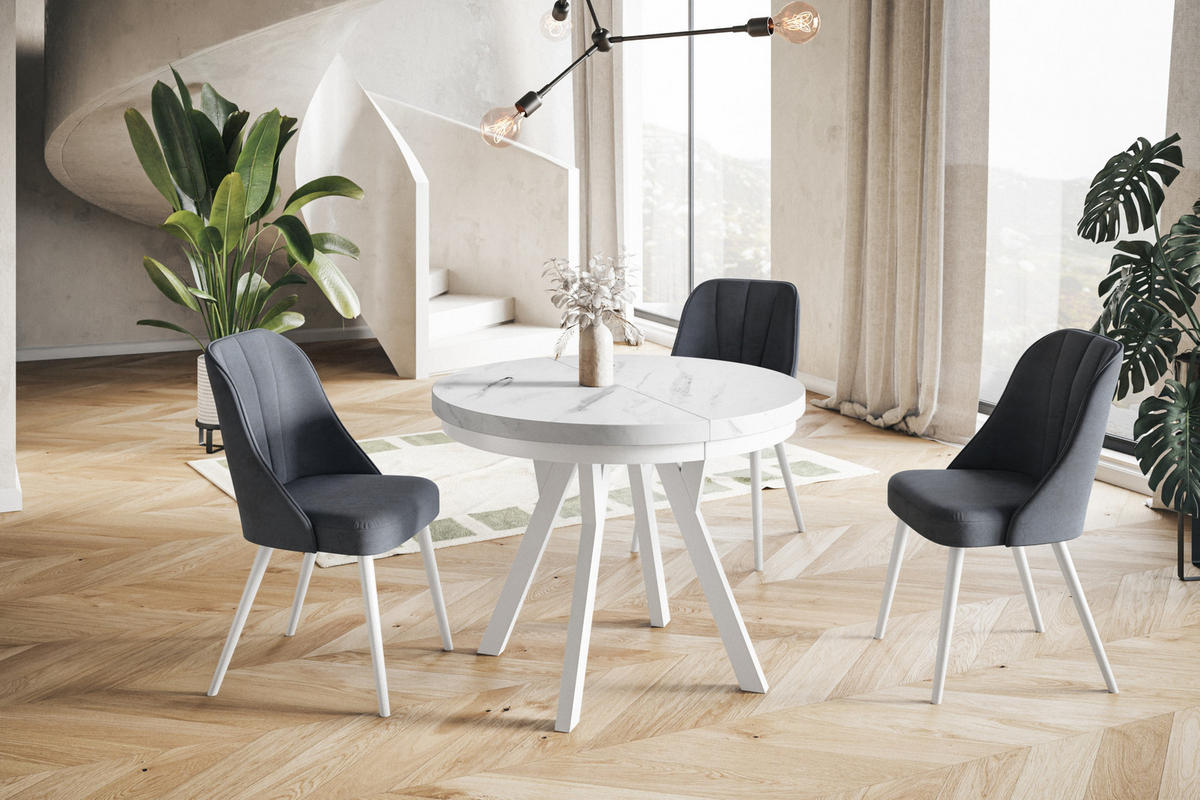 ESSZIMMERTISCH EVO, ausziehbarer Tisch 120 cm bis 220 cm, Farbe: MARMUR, mit Holzbeinen in Farbe Weiß - Hellgrau/Weiß, Holzwerkstoff (120/120/77cm) - Alpi-Möbel