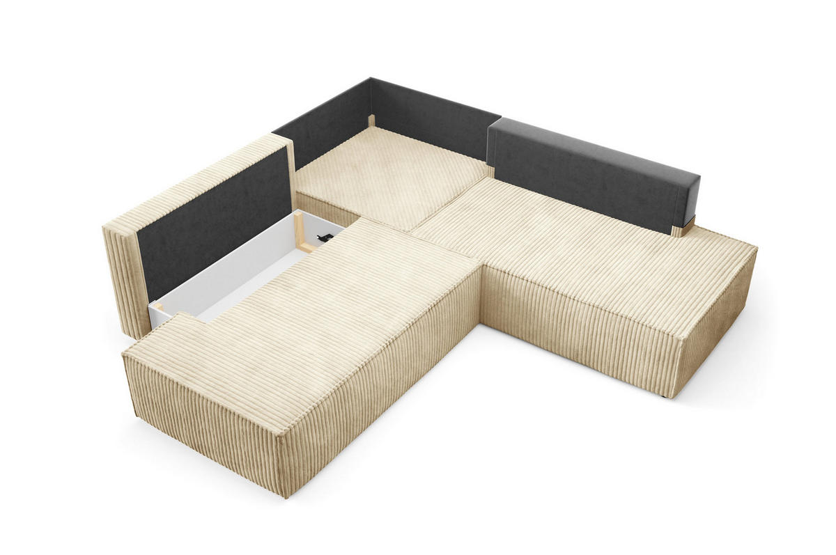 ECKSOFA TESSO II R-S Beige Kordstoff mit Schlaffunktion - Beige, Holz (254/254cm) - MASSENO